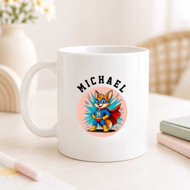 Mug Nom de renard super-héros personnalisé & initiale (Personalized Superhero Fox Name & Initial Coffee Mug)