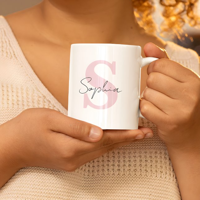 Mug Nom de script avec monogramme rose personnalisé (Créateur téléchargé)