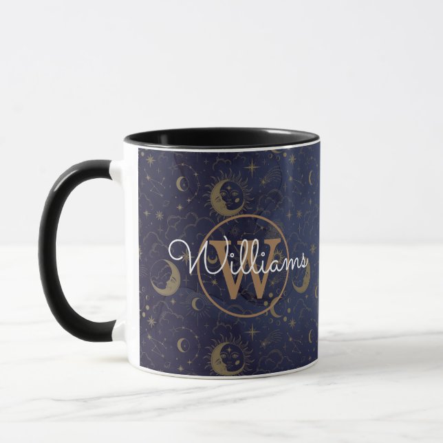 Mug Nom de script de monogramme doré mystique céleste (Gauche)