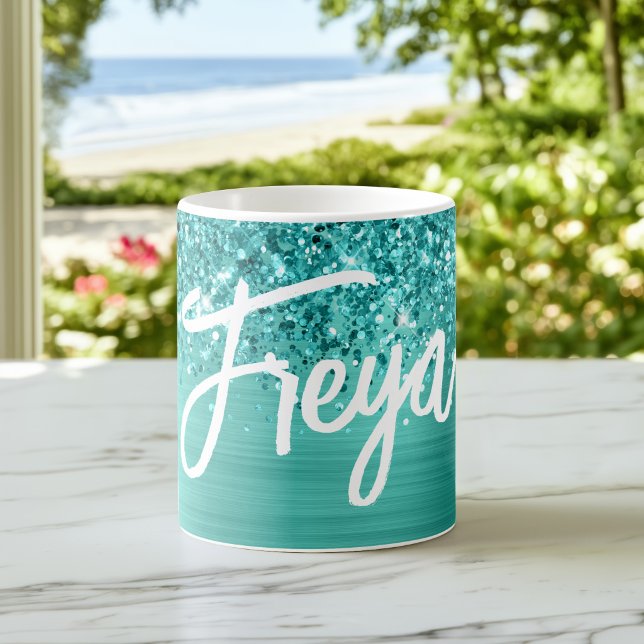 Mug Nom de script de pinceau glamour sarcelle turquois (Glittery Teal Turquoise Glam Brush Script Name Coffee Mug
)
