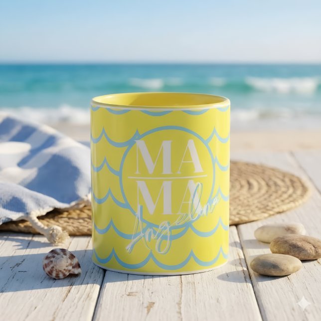 Mug Nom de script MAMA personnalisé jaune bleu Scallop (Créateur téléchargé)