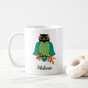 Mug Nom décoré d'un monogramme de hibou turquoise