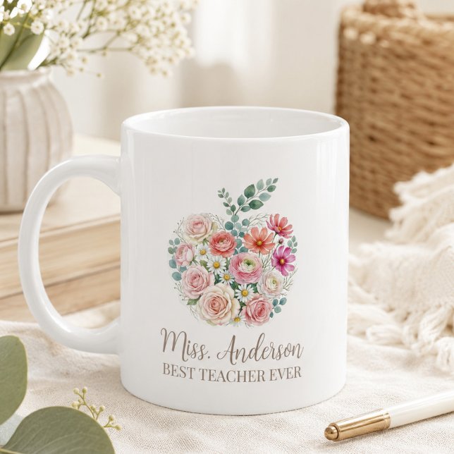 Mug Nom d'enseignant personnalisé Floral Apple (Créateur téléchargé)
