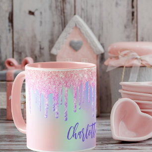 Mug Nom des gouttes de parties scintillant rose hologr