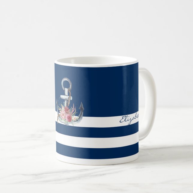 Mug Nom du bateau, fleurs d'ancre bleu marine rayé (Devant droit)
