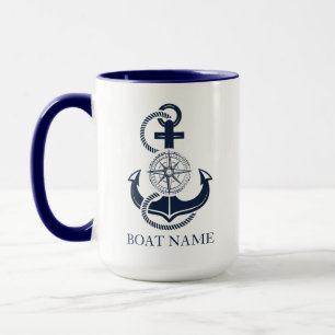 Mug Nom du bateau nautique Ancre bleue