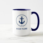 Mug Nom du bateau nautique Ancre corde Bleu Grand<br><div class="desc">Nom du bateau nautique Ancre Corde bleu et blanc Mug</div>