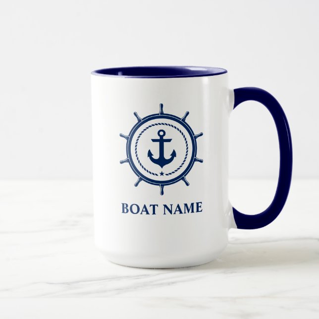 Mug Nom du bateau nautique Ancre corde Casque bleu (Droite)