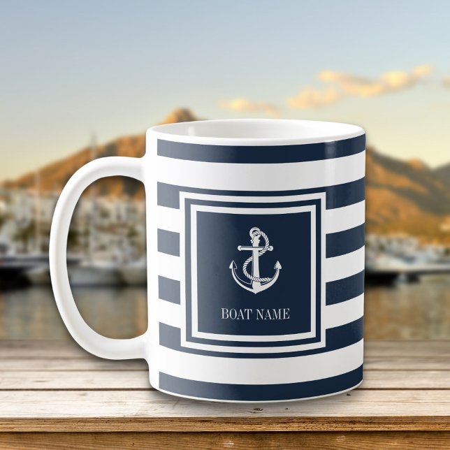 Mug Nom du bateau rayure bleu marine ancre nautique (Boat Name Navy Blue Stripe Nautical Anchor Coffee Mug)