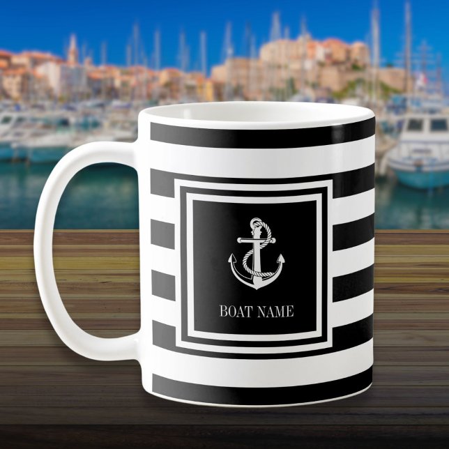 Mug Nom du bateau rayure noire et blanche Ancre (Boat Name Black And White Stripe Anchor Coffee Mug)