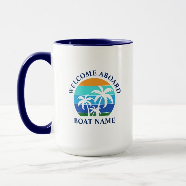 Mug Nom du bateau Sun Palm Trees Bienvenue à bord des  (Gauche)