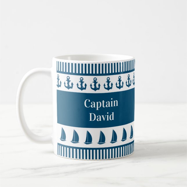 Mug Nom du capitaine nautique Ancre Bateau Marine Stri (Gauche)
