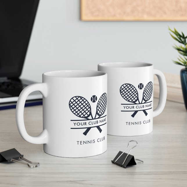Mug Nom du club Tennis Équipe Marine Blue Logo Personn (Tennis Team Modern Navy Blue Icons White 11oz Coffee Mug)