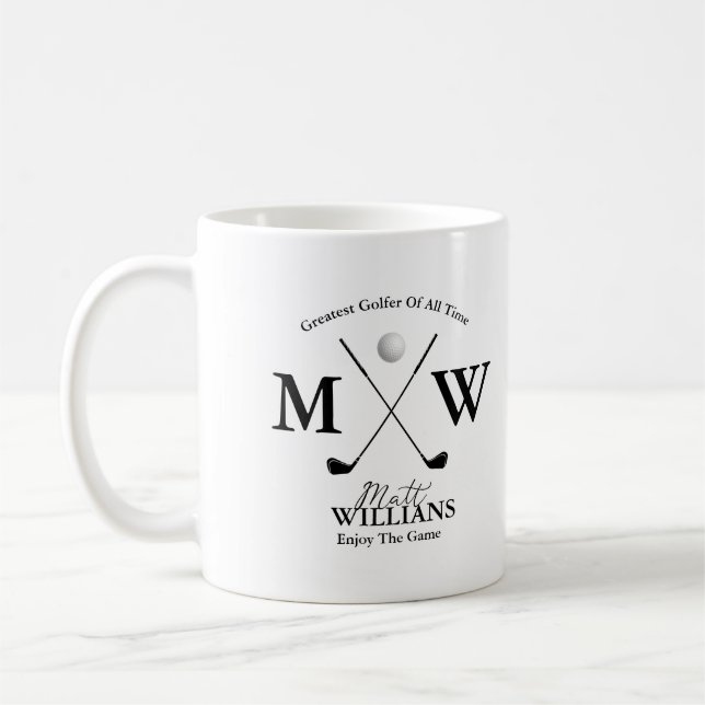 Mug Nom du golfeur Monogramme noir sur blanc (Gauche)