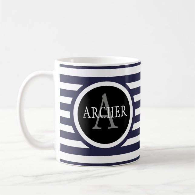 Mug Nom du monogramme Bandes marines (Gauche)