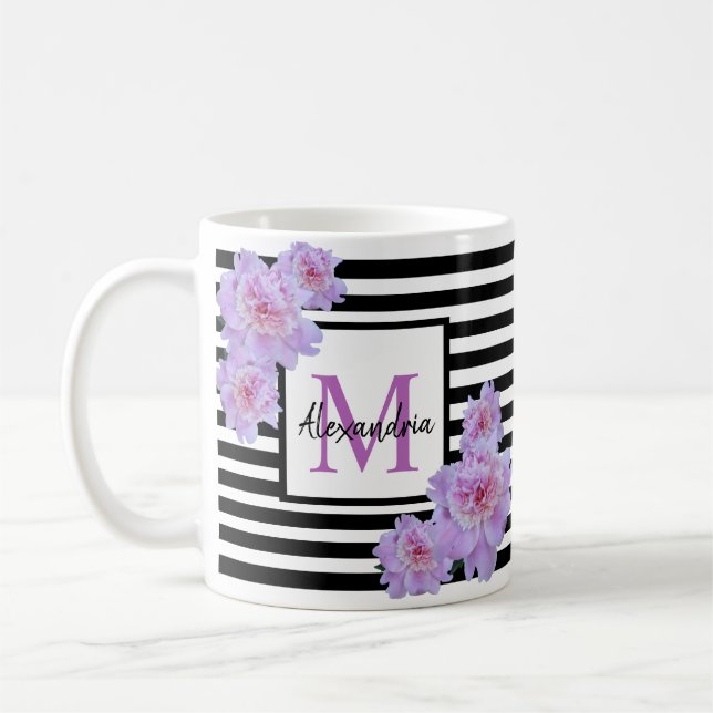 Mug Nom du monogramme Fleur rose Bande noire (Gauche)