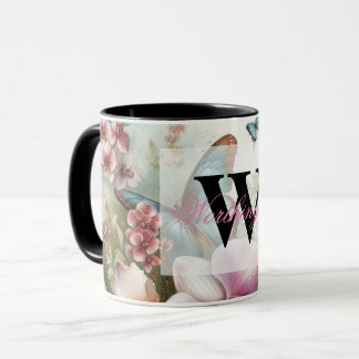 Mug Nom du monogramme Fleurs tropicales Aquarelle feui