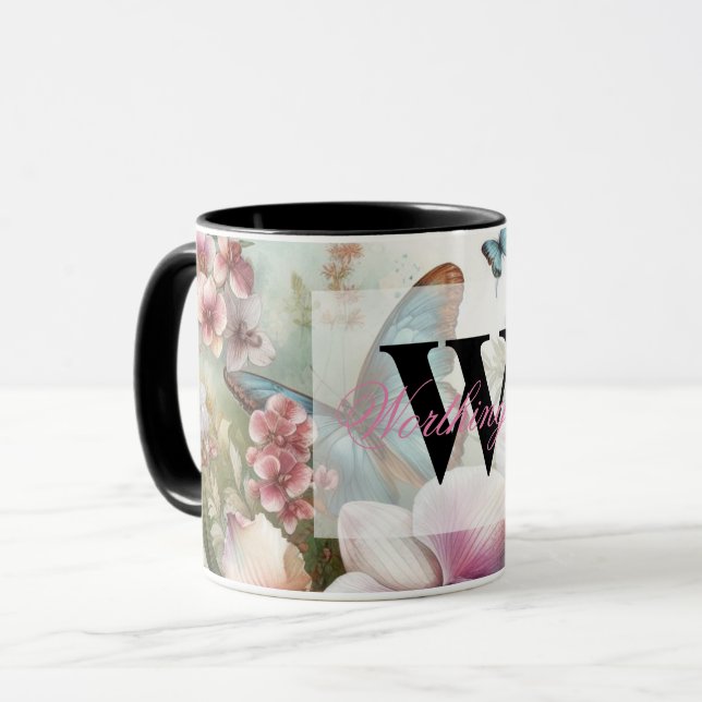 Mug Nom du monogramme Fleurs tropicales Aquarelle feui (Devant gauche)