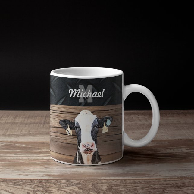Mug Nom du monogramme Holstein Cow Dairy Farm Livestoc (Holstein Cow Monogram Coffee Mug. Livestock Milking Cows Dairy Farmer Gift.)