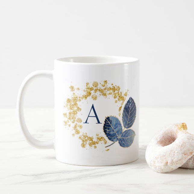 Mug Nom du monogramme mignon Girly Gold Sparken & Blue (Avec donut)