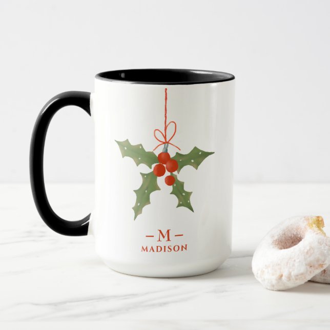 Mug Nom du monogramme Noël Holly Winter Floral (Avec donut)