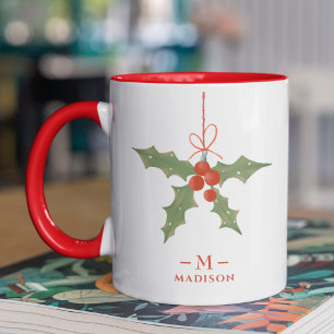 Mug Nom du monogramme Noël Holly Winter Floral