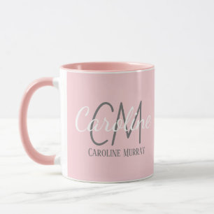 Mug Nom du monogramme personnalisé élégant rose blanc
