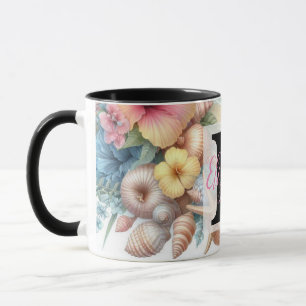 Mug Nom du monogramme sur l'aquarelle Fleurs coquillag