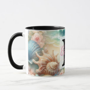 Mug Nom du monogramme sur l'aquarelle Fleurs coquillag