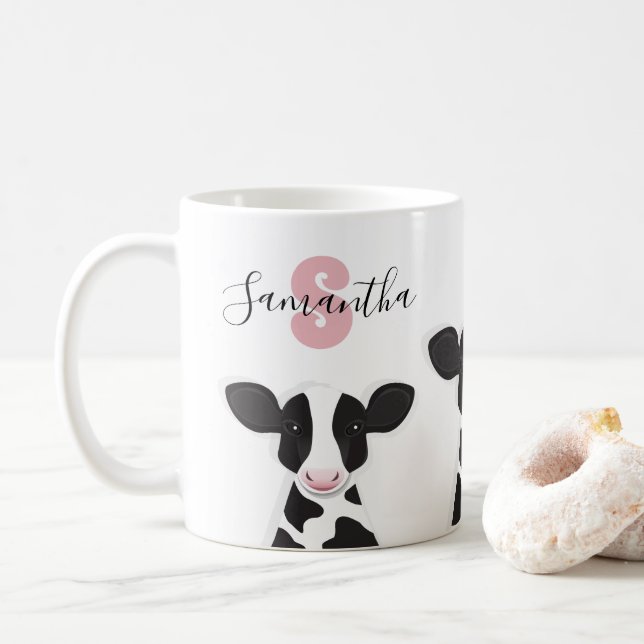 Mug Nom du monogramme Vache rose Noir Blanc (Avec donut)