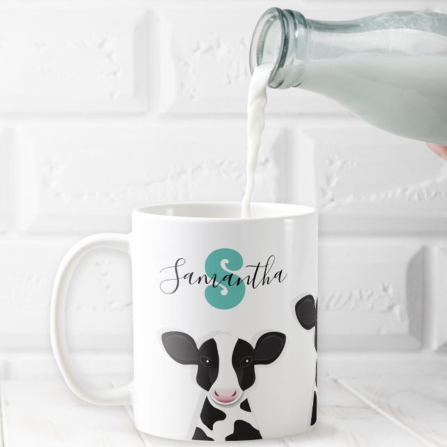 Mug Nom du monogramme Vache Turquoise Noir Blanc (Créateur téléchargé)