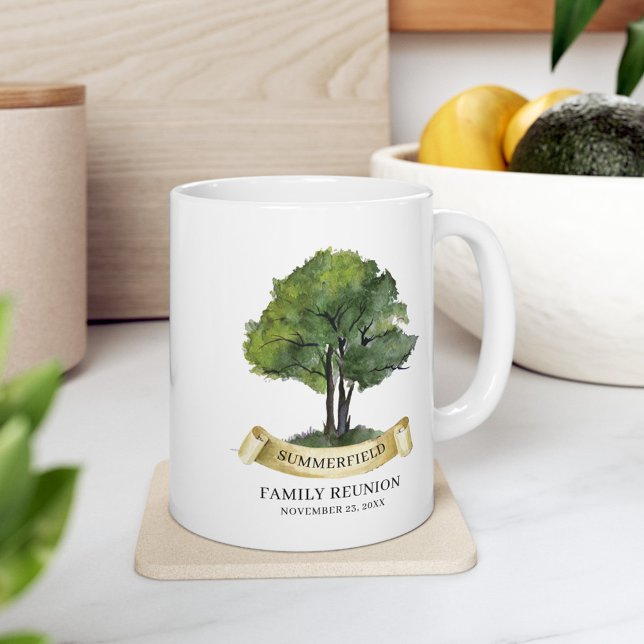 Mug Nom du ruban de l'arbre de réunion de famille pers (Custom Family Reunion Cousins Crew Genealogy Tree White 11oz Coffee Mug)