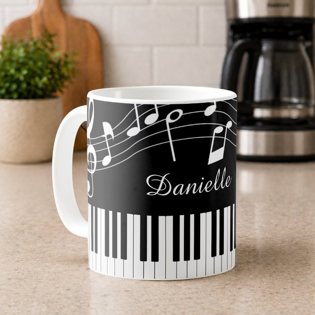 Mug Nom du script de notes de musique de piano Noir Bl (Créateur téléchargé)