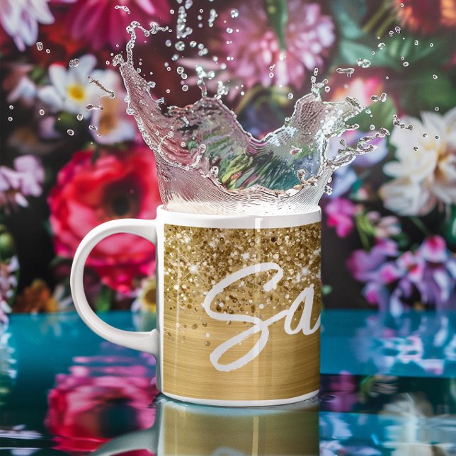 Mug Nom du script de pinceau Glittery Gold Glam (Glittery Gold Glam Brush Script Name Coffee Mug)