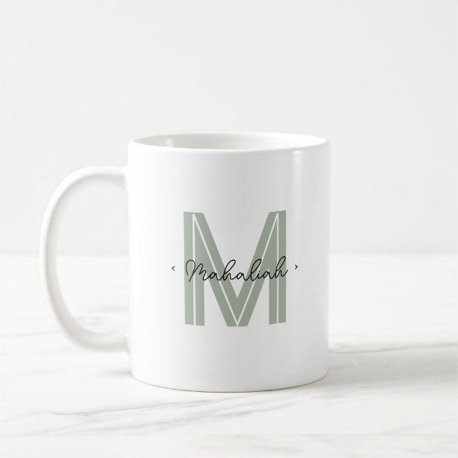 Mug Nom du script monographique personnalisé Sage vert (Gauche)