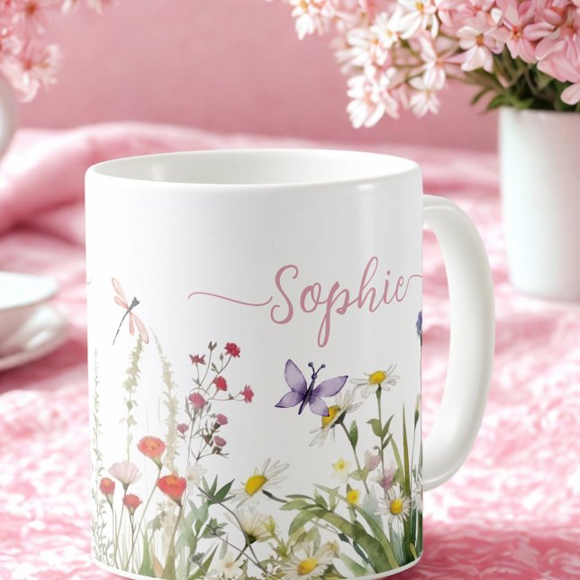 Mug Nom du script personnalisé rose fleur sauvage (Créateur téléchargé)