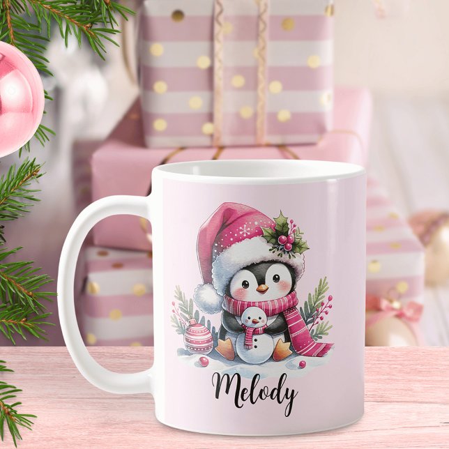 Mug Nom du script Pingouin mignon Noël rose (Créateur téléchargé)