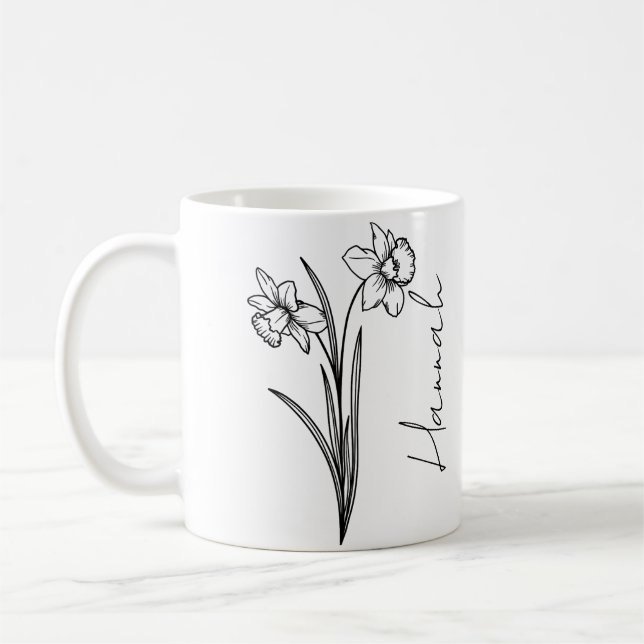 Mug Nom élégant de script Fleur de naissance de mars J (Gauche)