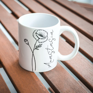 Mug Nom élégant de script Fleur de naissance de pavot 
