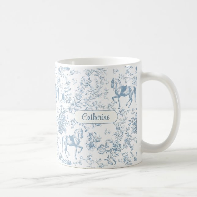 Mug Nom élégant de toile de Jouy florale équestre bleu (Droite)