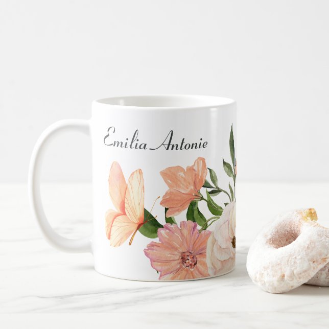 Mug Nom floral de pêche (Avec donut)