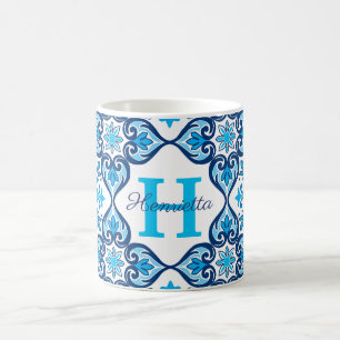 Mug 💙🤍 Nom + initiale bleu - blanc Azulejos X,
