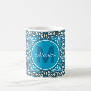 Mug 💙🤎 Nom + initiale turquoise - Azulejos marron,