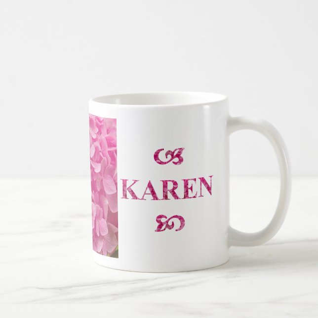 Mug Nom "Karen", Jolie Hydrangée rose Florale (Droite)