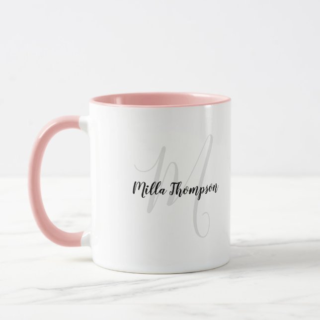 Mug nom manuscrit et initiale . monogramme . rose (Gauche)