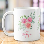 Mug Nom Monogram Floral Rose<br><div class="desc">Cette jolie tasse est décorée d'un bouquet d'aquarelle de roses et de feuillage dans les tons rose,  corail et vert. Aquarelle originale © Michele Davies.</div>