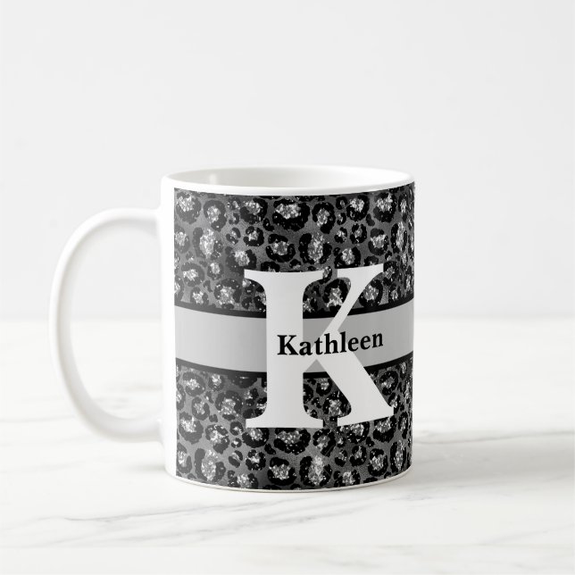 Mug Nom Monogramme Imprimé Léopard Noir Gris Argenté (Gauche)