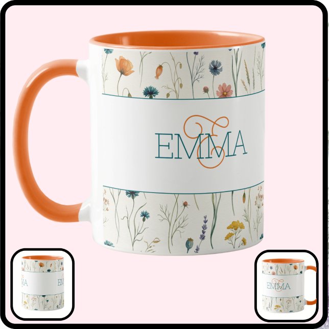 Mug Nom Monogramme Motif Fleur Sauvage Bohème Orange T (Créateur téléchargé)