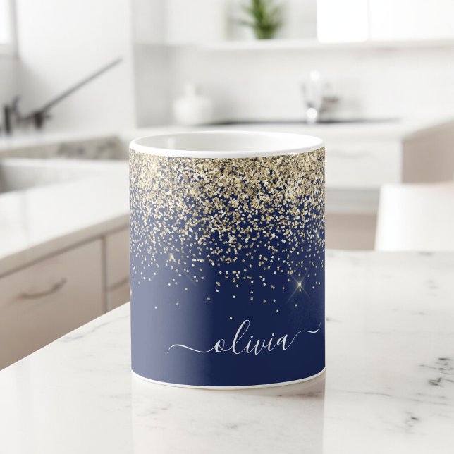 Mug Nom Monogramme Pailleté Fille Or Bleu Marine (Créateur téléchargé)