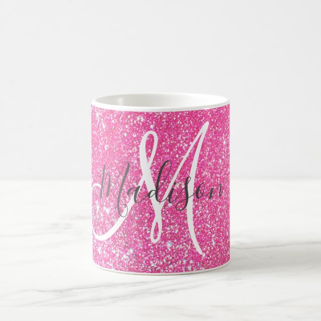 Mug Nom Monogramme Paillettes Rose Chaud Féminin (Centre)